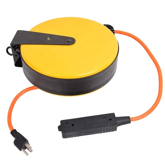 30 Ft Retractable Extension Cord Reel, 16/3 Power Cord with 3 Electrical Outlets Pigtail for Garage Metal Plate, ETL