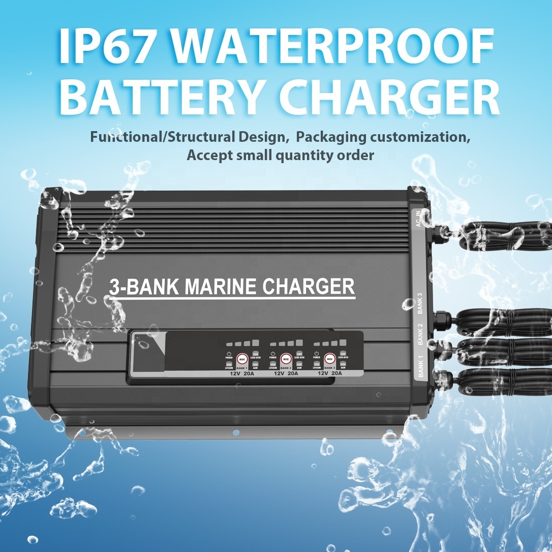 12V 24V 20A Waterproof IP67 ETL CE Certified 3-Bank Onboard Battery Charger for Marine Lithium Lifepo4 AGM Flooded Lead-Acid