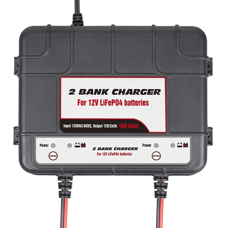 2-Bank, 10A (5A Per Bank) LiFePO4 Fully-Automatic Smart Marine Battery Charger, 12V Onboard Dual Bank Charger for Car, Truck, RV