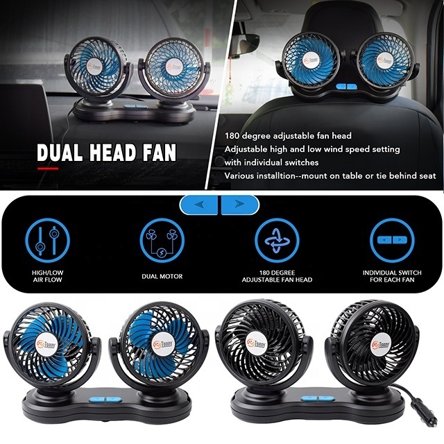 Dual Head USB Rechargeable Fan Electric Car Cooling Fan 180 Degree Rotatable Car Fan for Car SUV RV Boat Auto Vehicles