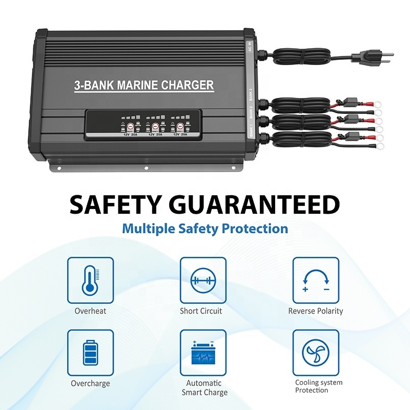 12V 24V 20A Waterproof IP67 ETL CE Certified 3-Bank Onboard Battery Charger for Marine Lithium Lifepo4 AGM Flooded Lead-Acid