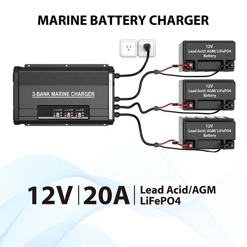 12V 24V 20A Waterproof IP67 ETL CE Certified 3-Bank Onboard Battery Charger for Marine Lithium Lifepo4 AGM Flooded Lead-Acid