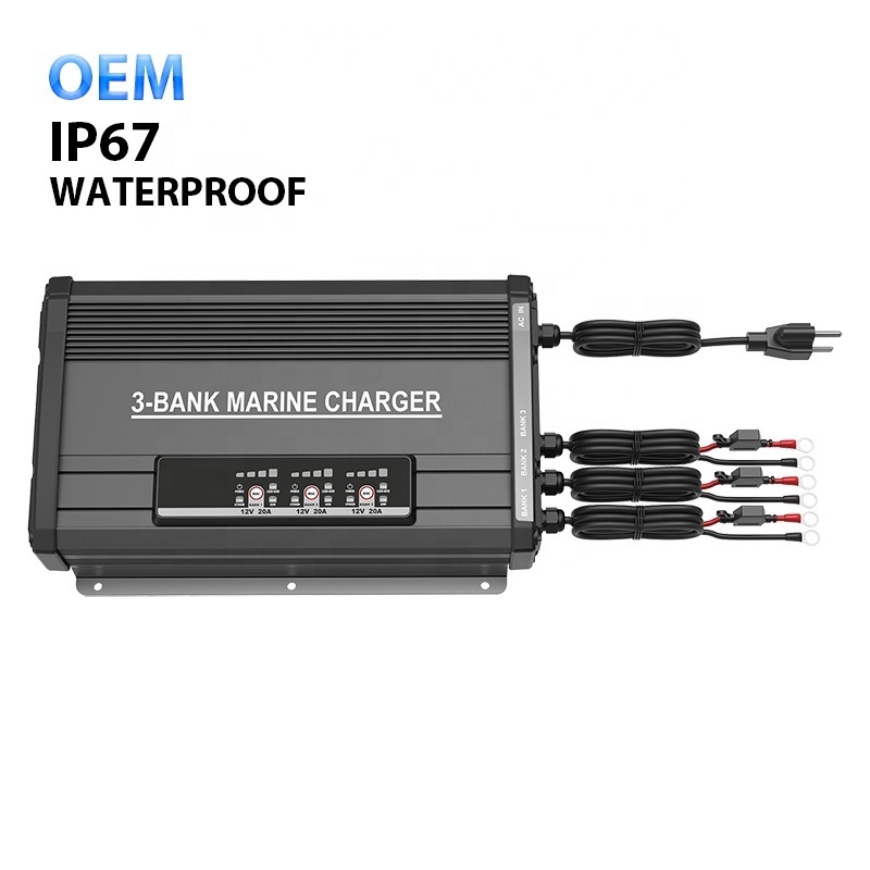 12V 24V 20A Waterproof IP67 ETL CE Certified 3-Bank Onboard Battery Charger for Marine Lithium Lifepo4 AGM Flooded Lead-Acid