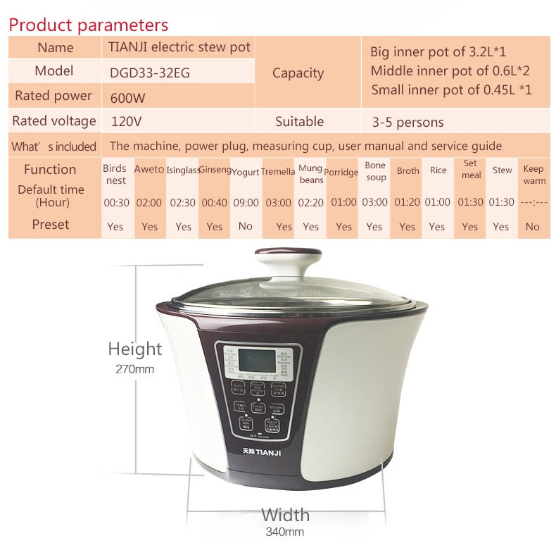 Tianji Electric Crock Pot China Health Cooker Stainless Steel OEM Automatic Multi Slow Stew Cooker with Ceramic Liner