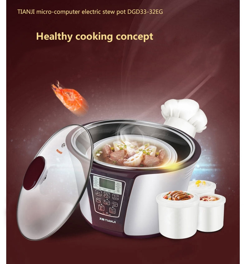 Tianji Electric Crock Pot China Health Cooker Stainless Steel OEM Automatic Multi Slow Stew Cooker with Ceramic Liner