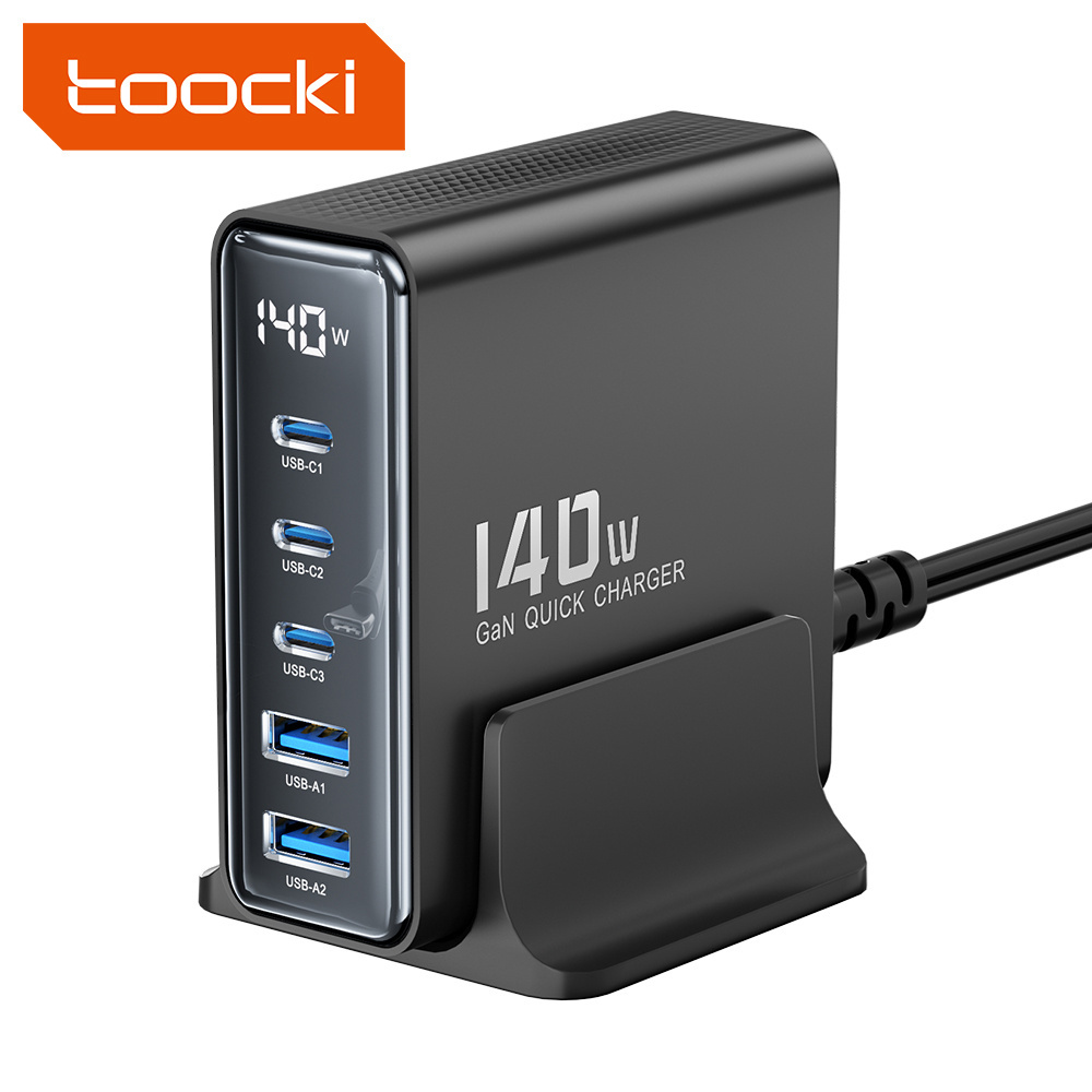 Toocki multiple 2 usb a and 3 type c port fast pd digital display charger 140w desktop gan charger for smart phones