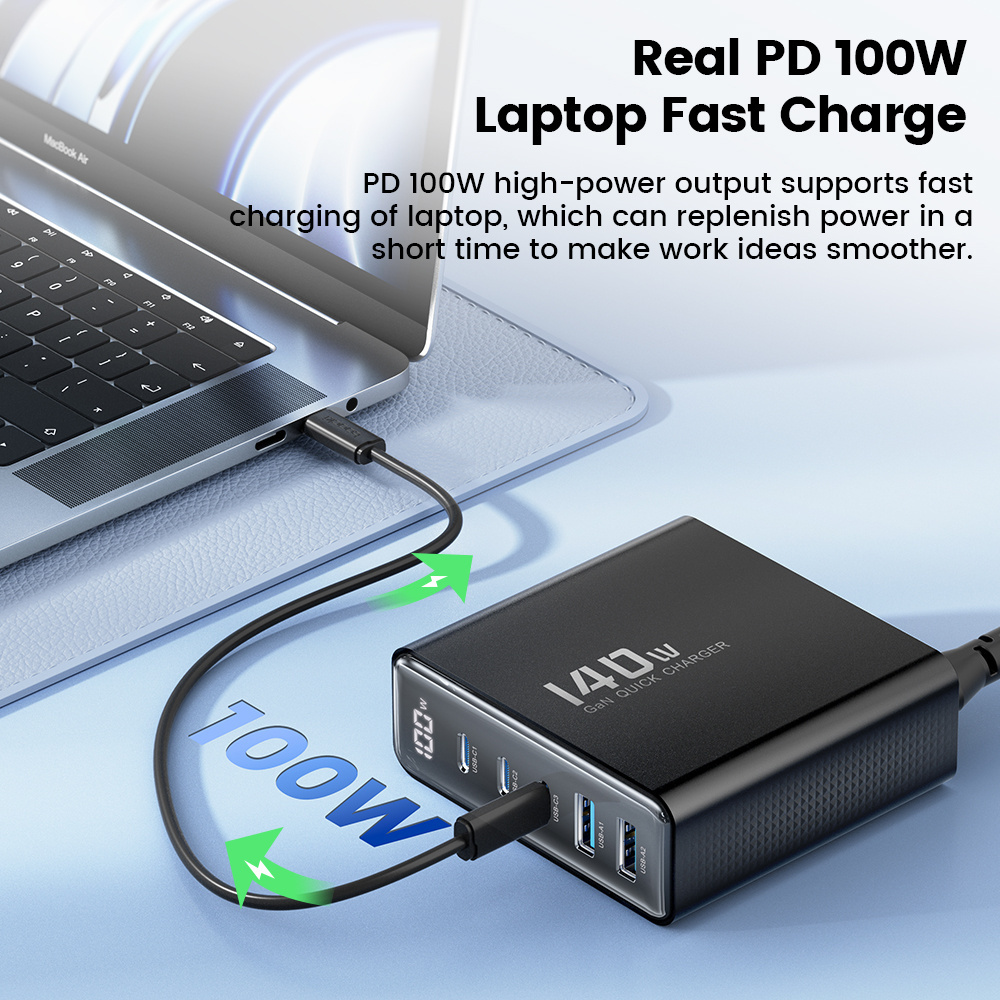 Toocki multiple 2 usb a and 3 type c port fast pd digital display charger 140w desktop gan charger for smart phones