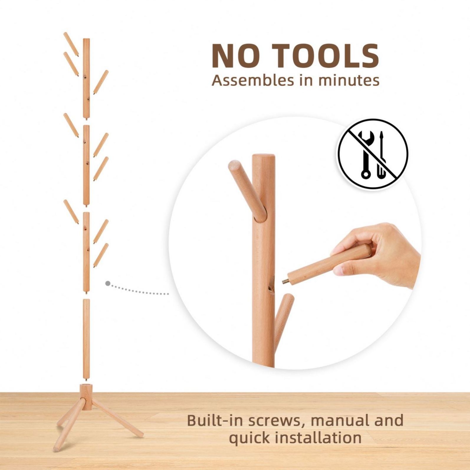 Easy To Assemble Freestanding Adjustable Wooden Coat Tree Coat Rack Clothes Tree Cloth Hanger Stand