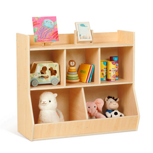 Wooden Kids Home Furniture Montessori Bookshelf Children Toy Display Storage Shelf With 5 Storage Bins