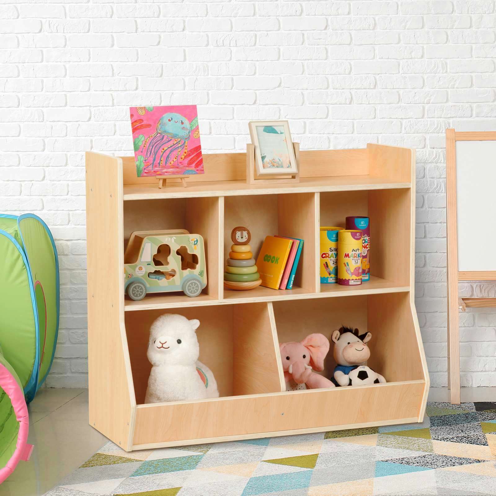 Wooden Kids Home Furniture Montessori Bookshelf Children Toy Display Storage Shelf With 5 Storage Bins