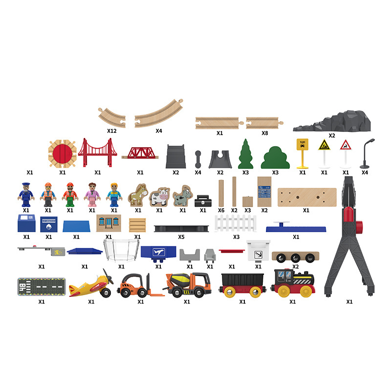 Wooden train track toy for children, including a high-speed rail toy with tracks and a set of city construction accessories.