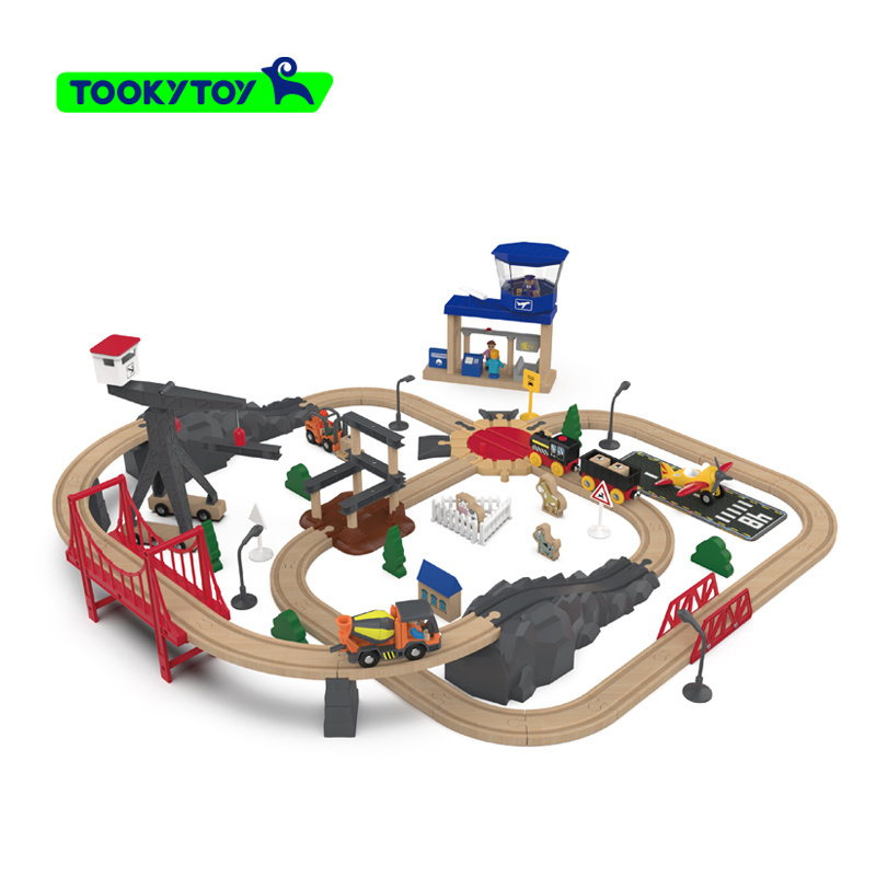 Wooden train track toy for children, including a high-speed rail toy with tracks and a set of city construction accessories.