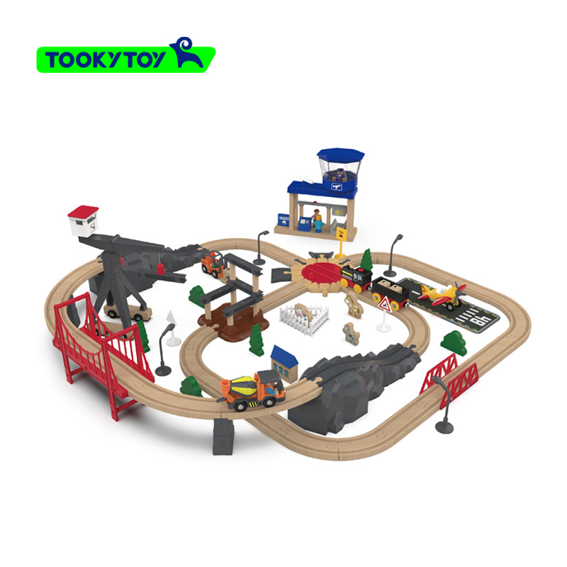 Wooden train track toy for children, including a high-speed rail toy with tracks and a set of city construction accessories.