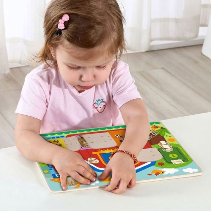 Wooden Busy Board Toddler Activity Board with Locks and Latches Promotes Sensory Learning Basic Skills Travel Toy