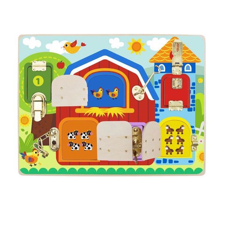 Wooden Busy Board Toddler Activity Board with Locks and Latches Promotes Sensory Learning Basic Skills Travel Toy