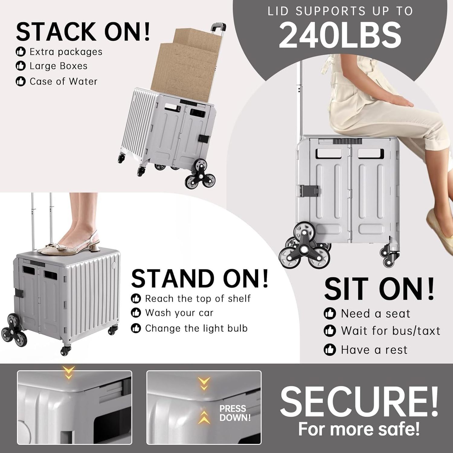 Foldable Utility Cart Stair Climber Wheeled, Collapsible Rolling Crate with Telescoping Handle, 45L