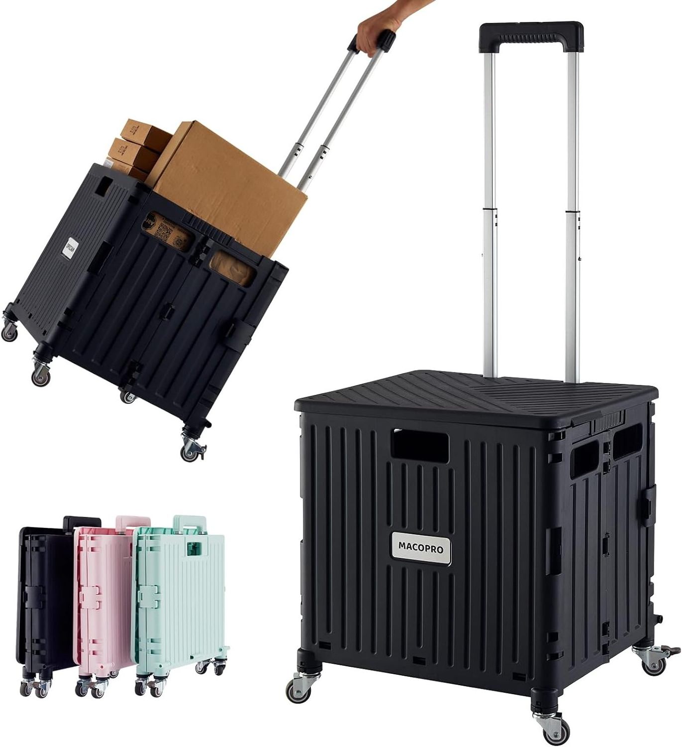 Folding Utility Cart Portable Rolling Crate Handcart Shopping Trolley Collapsible Tool Box, with Lid, Basket on 4 Rotate Wheels