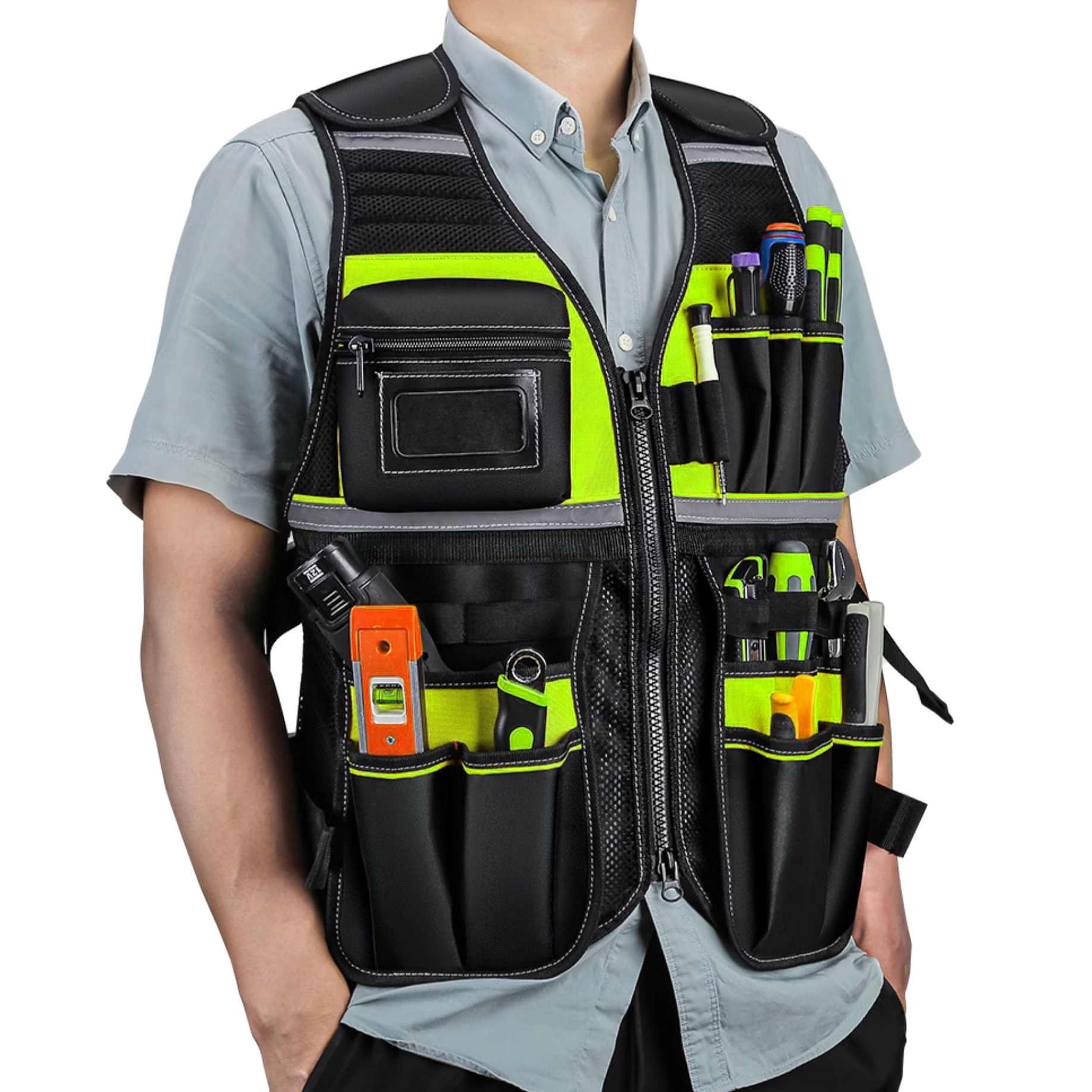 Workwear Allround Work Tool Vest Reflective Safety Tool Vest with Multi-pockets and Zipper Heavy Duty Tool Vest for Electricians