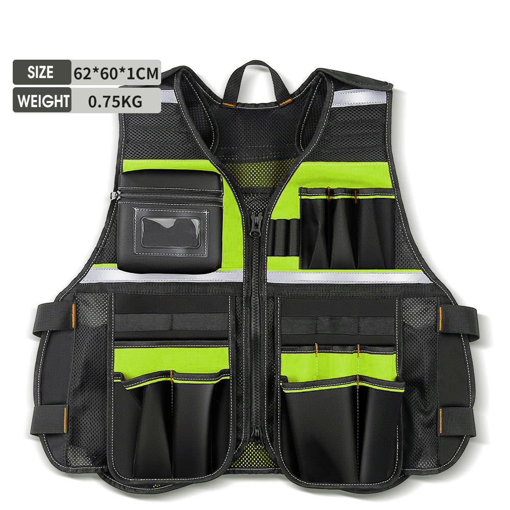 Workwear Allround Work Tool Vest Reflective Safety Tool Vest with Multi-pockets and Zipper Heavy Duty Tool Vest for Electricians