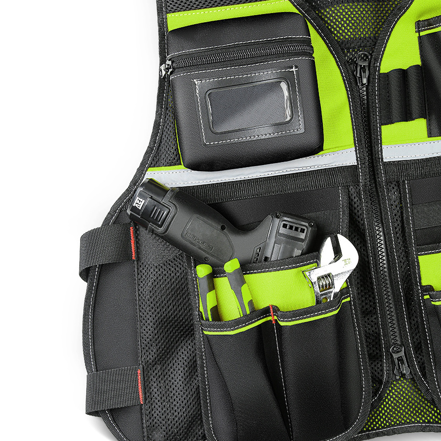 Workwear Allround Work Tool Vest Reflective Safety Tool Vest with Multi-pockets and Zipper Heavy Duty Tool Vest for Electricians