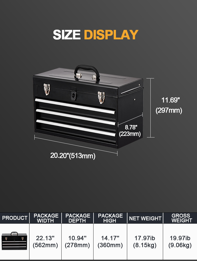 Custom Heavy Duty 3 Drawers Metal Portable Tool Box Professional Metal Tool Storage Box