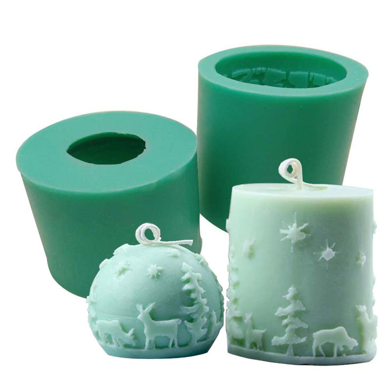 3D Cylinder Ball Christmas Candle Soap Mold Embossed Christmas Tree & Elk Reindeer Pattern Silicone Christmas Candle Mould