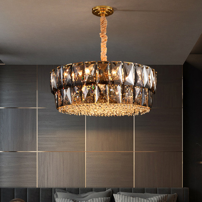 Modern Luxury Chandelier For Villa Hotel Smoky Grey Round Living Room Lobby Cristal Beaded Chandelier K9 Crystal Light Fixtures