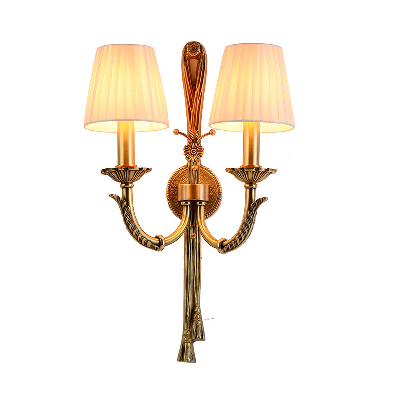 American Classical Full Copper Wall Lamp Fabric Art Wall Light Country Style Led Sconce Lamp Fixtures E14 Led Bulb Bedroom Light