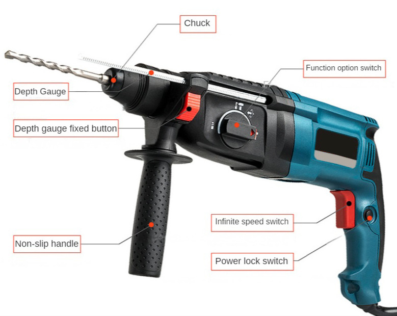 BOSAN 26MM Electric Rotary Hammer Drill DRE  800W Drill Machine SDS-Plus Electric Power Total Rotary Demolition Hammer Drills