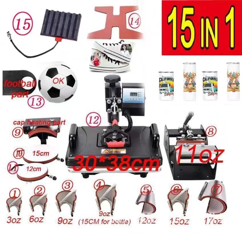 15 In 1 Combo Heat Press Machine T-shirt mug hat Plate pen puzzle heat transfer machine multi-function sublimation Print machine