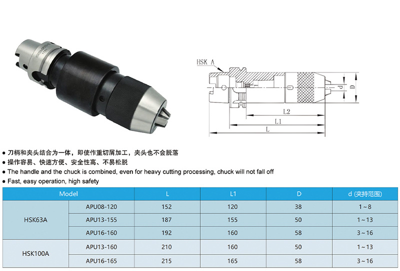 CNC Tool Holders DIN69893  HSK Tool Holders HSK63A APU13 APU16 Keyless drill chuck  HSK Tool Holders