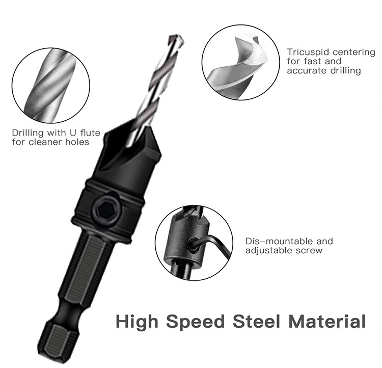 9.5mm countersink with 3.25mm drills counter sink drill bit set for wood plugs #10