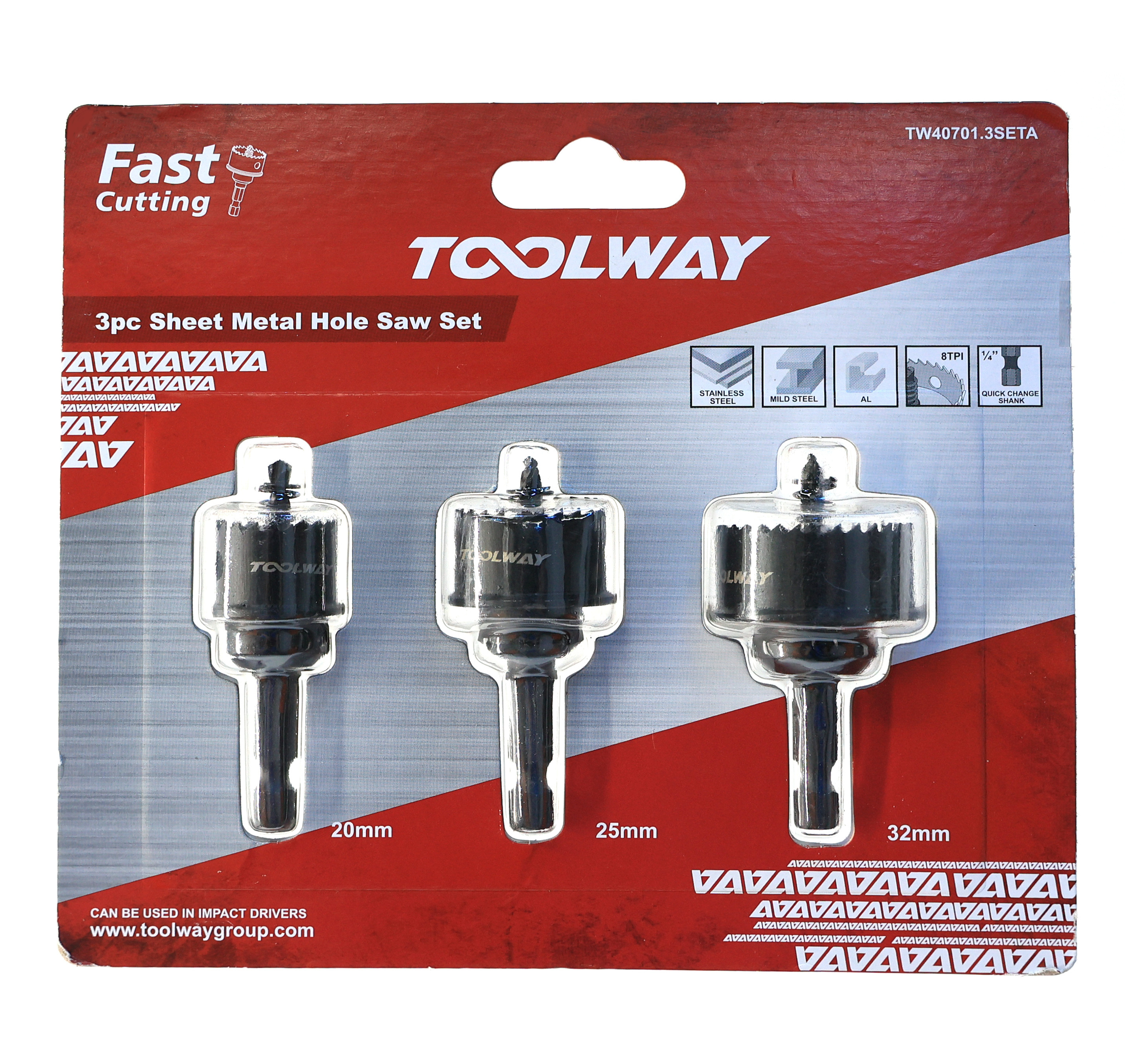 TOOLWAY 3PC impact bi metal hole saw with Pilot bit spring hole saw set for metal stainless steel wood