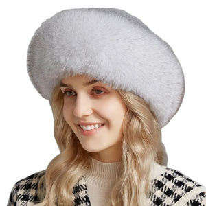 Women's Winter Wool Knitted Hat Real Fur Beanie Caps Fox Fur Trim Hat