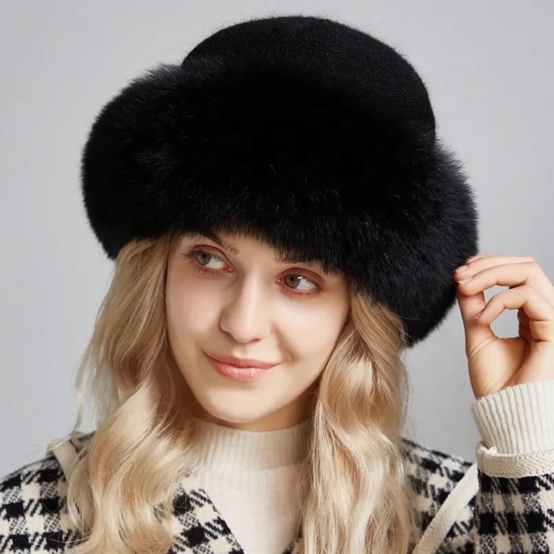 Women's Winter Wool Knitted Hat Real Fur Beanie Caps Fox Fur Trim Hat