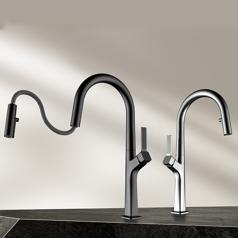 Economic Single-Handle Kitchen Faucet Mixer Tap Modern Black and Gold Pull-Down Design with Flexible Brass Sink Hose