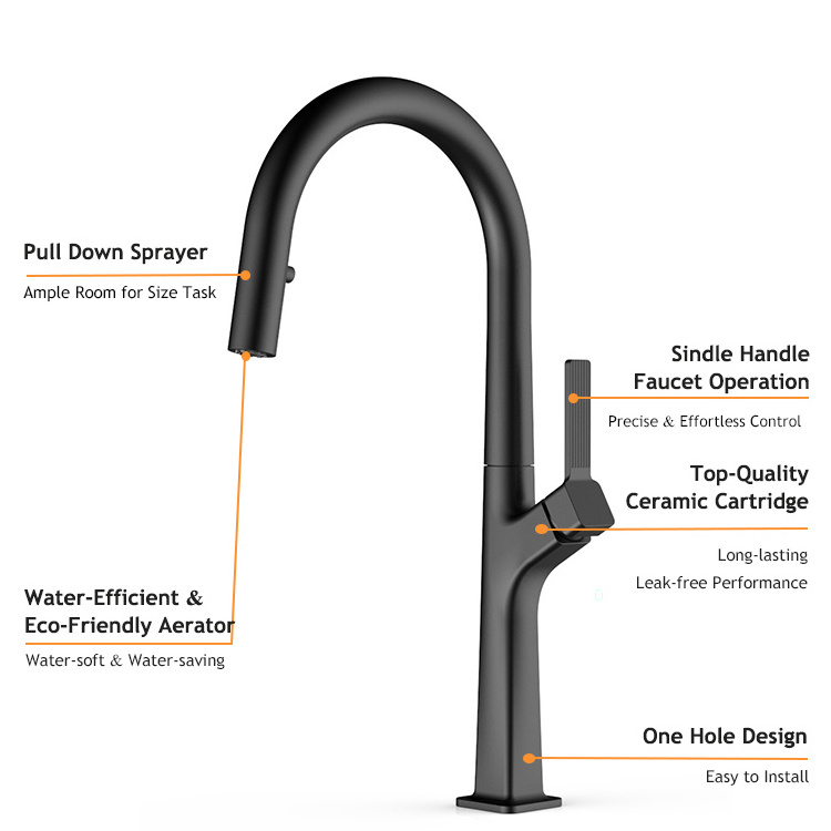 Economic Single-Handle Kitchen Faucet Mixer Tap Modern Black and Gold Pull-Down Design with Flexible Brass Sink Hose