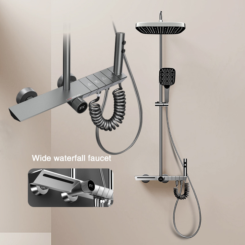 Gun Grey Full Copper Digital Display Shower Faucet Set Wall-Mounted Piano Keys with Toilet Features Rain Massage Spray Patterns