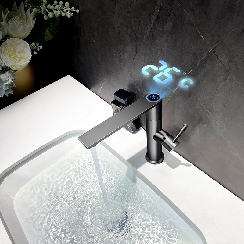 Gun gray smart digital display hot and cold rotating faucet single hole bathroom basin faucet