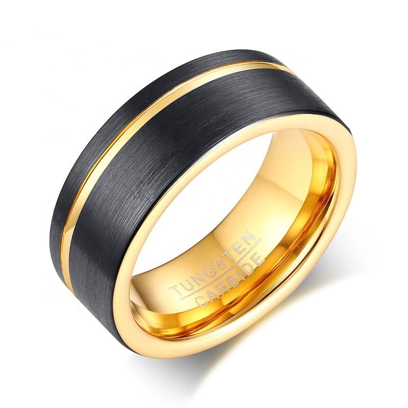 2024 Hot Sale Wholesale Tungsten Big Ring For Men 8mm Simple High Polished Black With Gold Side Lines Bridal Wedding Rings Women