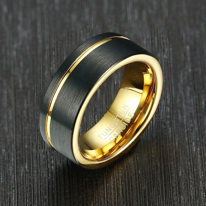 2024 Hot Sale Wholesale Tungsten Big Ring For Men 8mm Simple High Polished Black With Gold Side Lines Bridal Wedding Rings Women