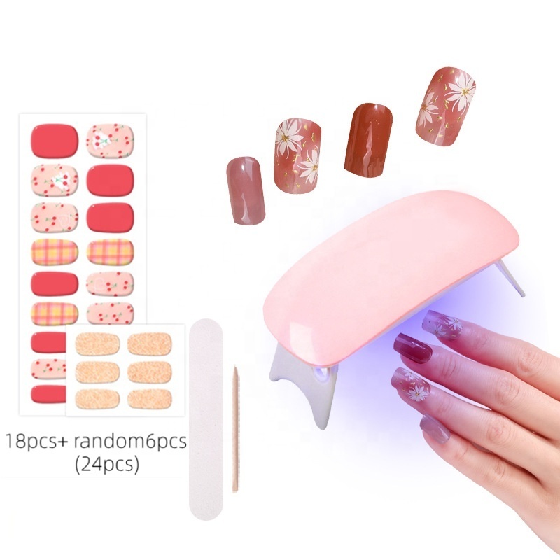 Semi cured UV Gel Nail Stickers 24pcs Real Gel Nail Polish Adhesive Full nail Wraps Strips with uv lamp