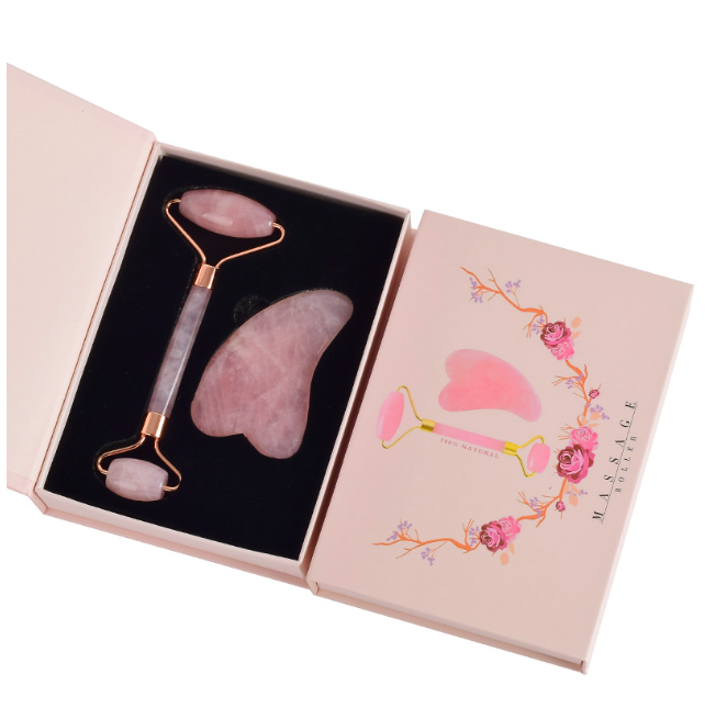 high quality custom box natura rose quartz pink 100% rose quartz jade roller gua sha set for face