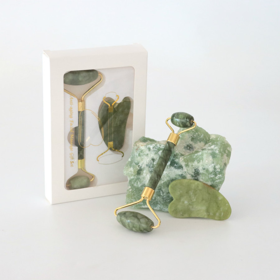 Private Label genuine natural nephrite facial green jade face roller and gua sha massager set