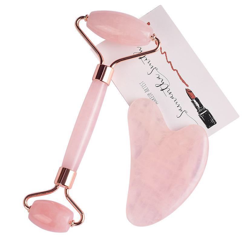 high quality custom box natura rose quartz pink 100% rose quartz jade roller gua sha set for face