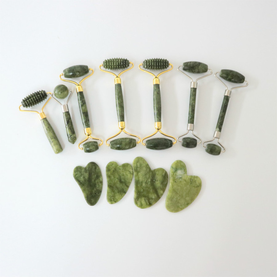 Private Label genuine natural nephrite facial green jade face roller and gua sha massager set