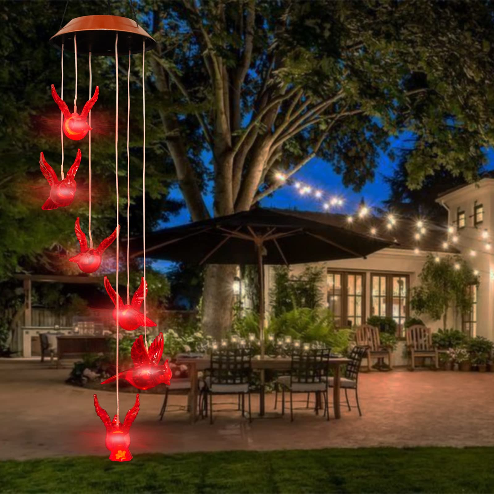 Top Grace Cardinal Bird Wind Chime Solar Powered Wind Chimes Spiral Spinner Windchime Portable Outdoor Chime Lights