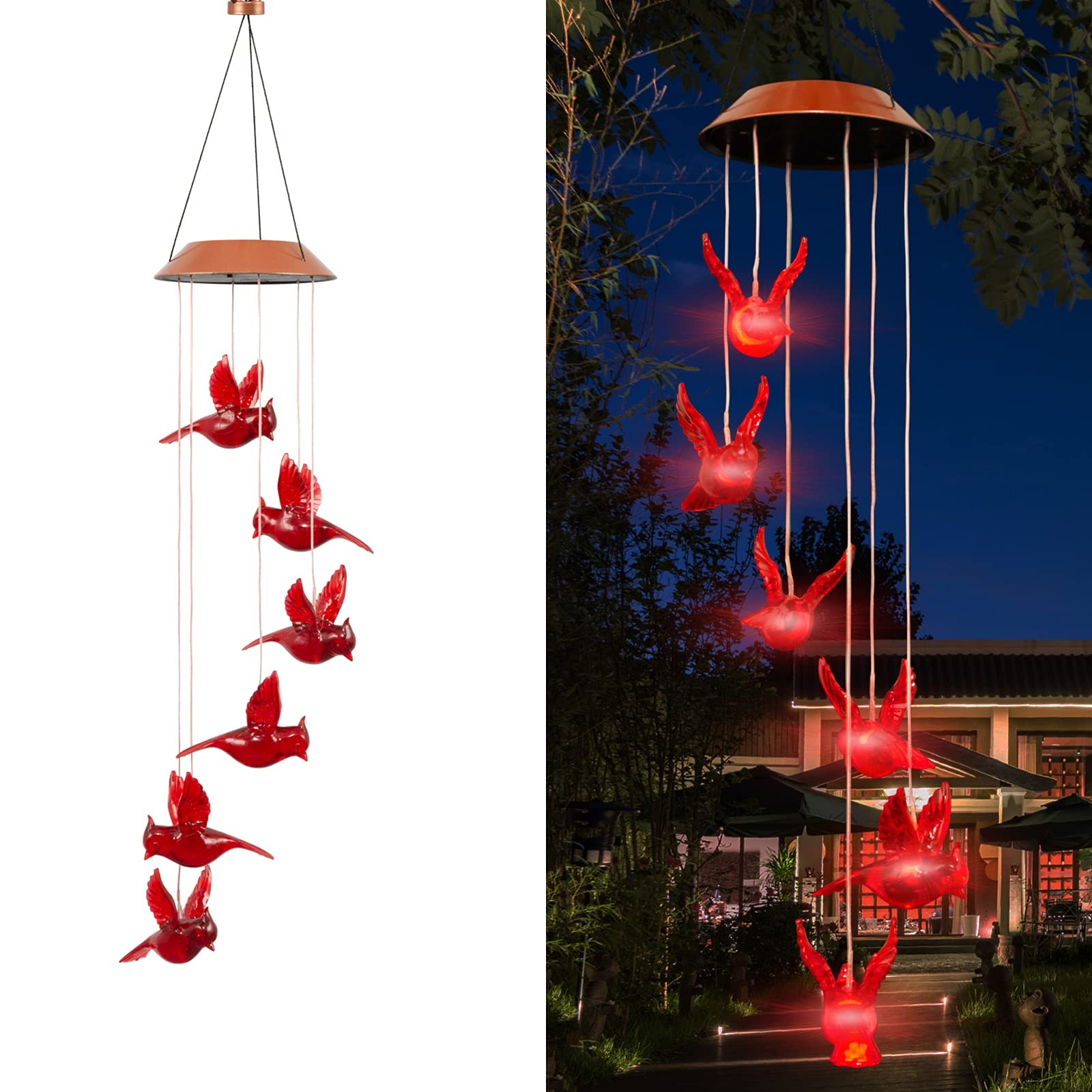 Top Grace Cardinal Bird Wind Chime Solar Powered Wind Chimes Spiral Spinner Windchime Portable Outdoor Chime Lights