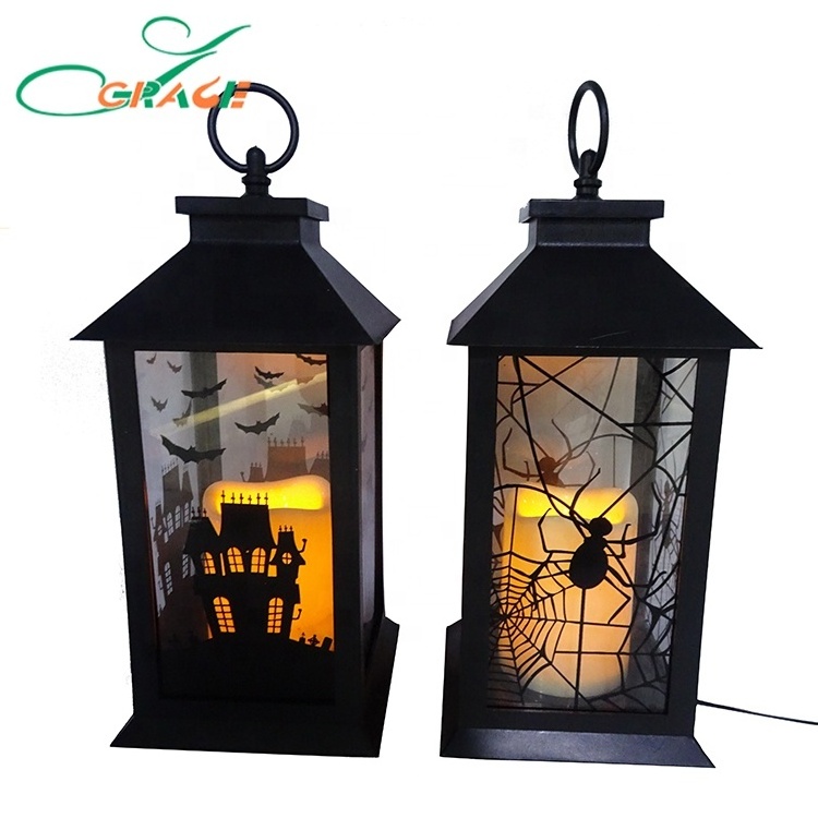 Top Grace Metal Classic Moroccan Holiday Black Lantern Iron LED Holder Lantern light up Halloween candle lantern