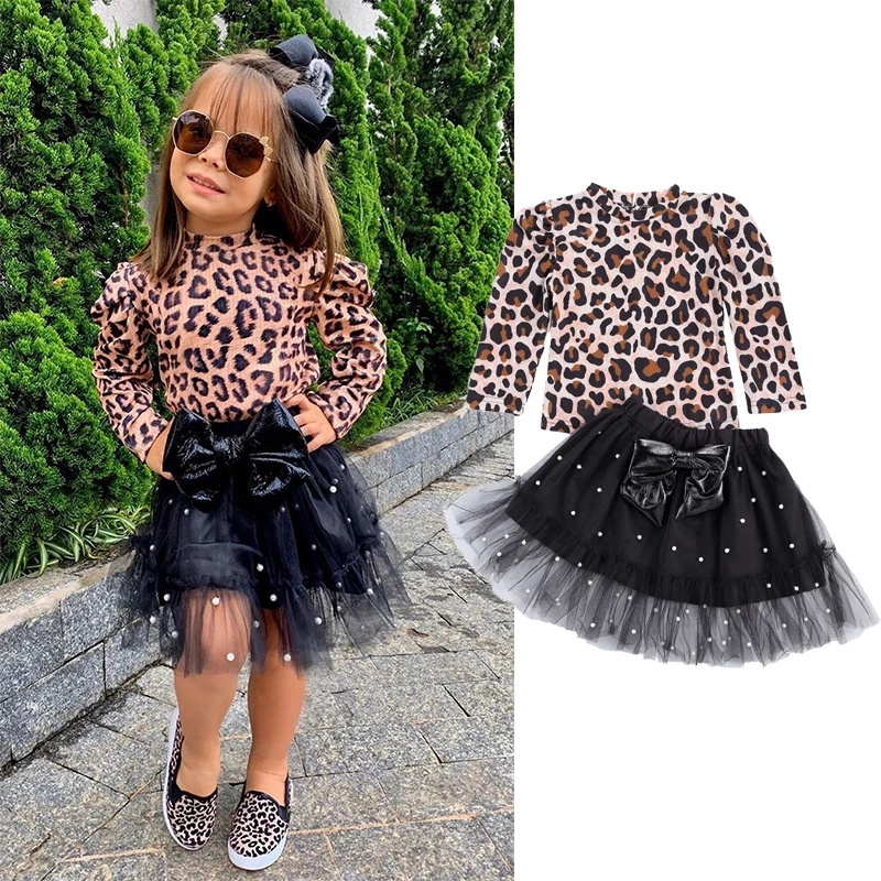 1-6Y Toddler Kids Baby Girls Clothes Sets Spring Autumn Girl Leopard Print T-shirts Tops+Bowknot Pearl Tulle Tutu Skirts Outfits